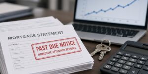 Past-due mortgage statement next to a laptop and calculator